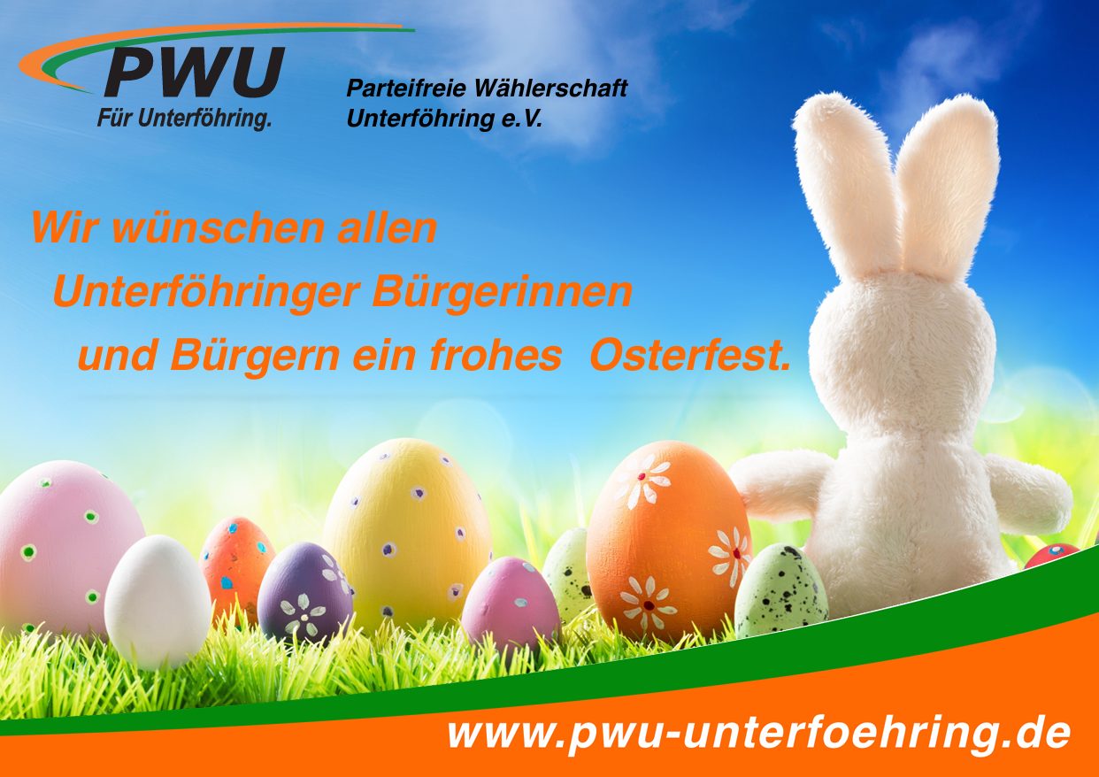 Glückwünsche der PWU zu Ostern mit Ostereiern und einem weißen Hasen.